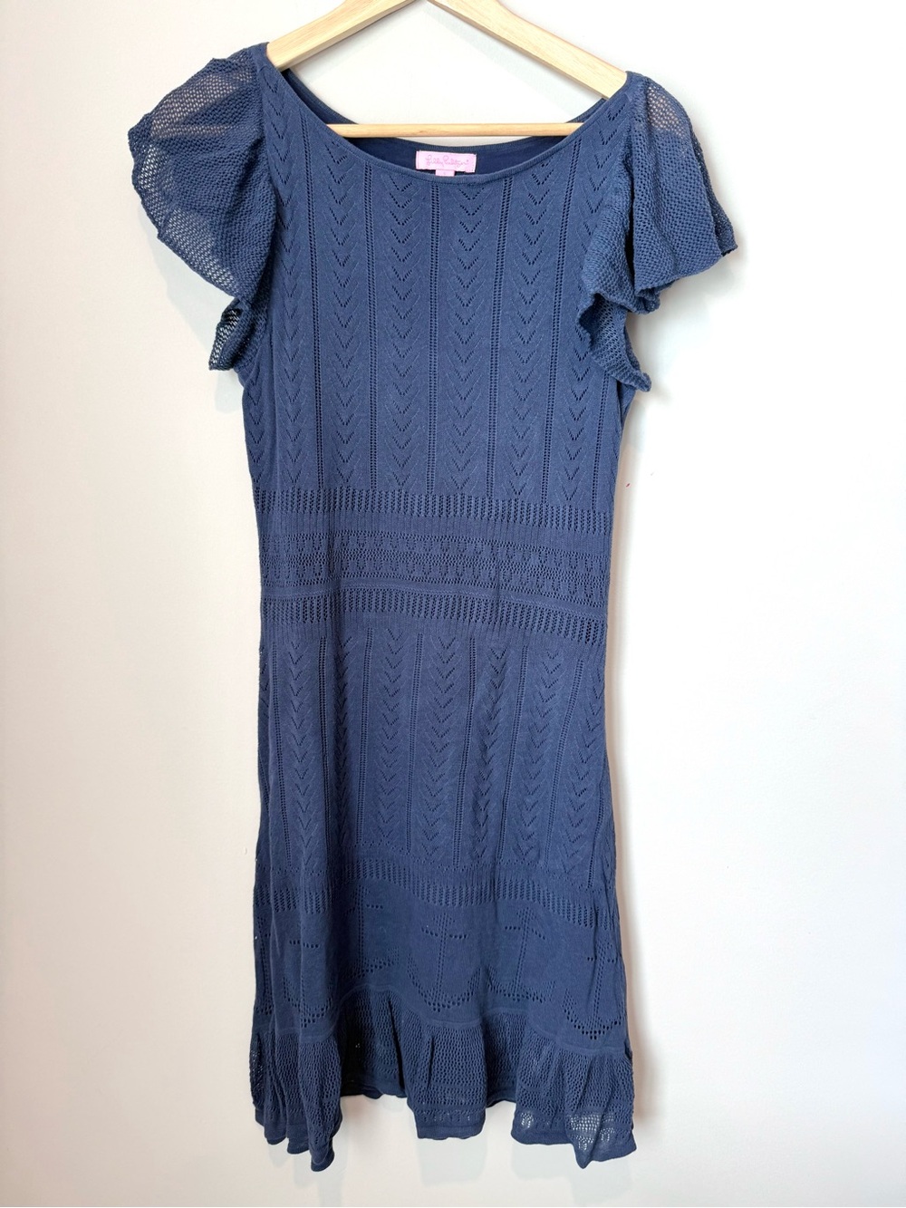 Lilly Pulitzer Pointelle Knit Navy Blue Sweater Dress Knit Flutter Sleeve Scoop